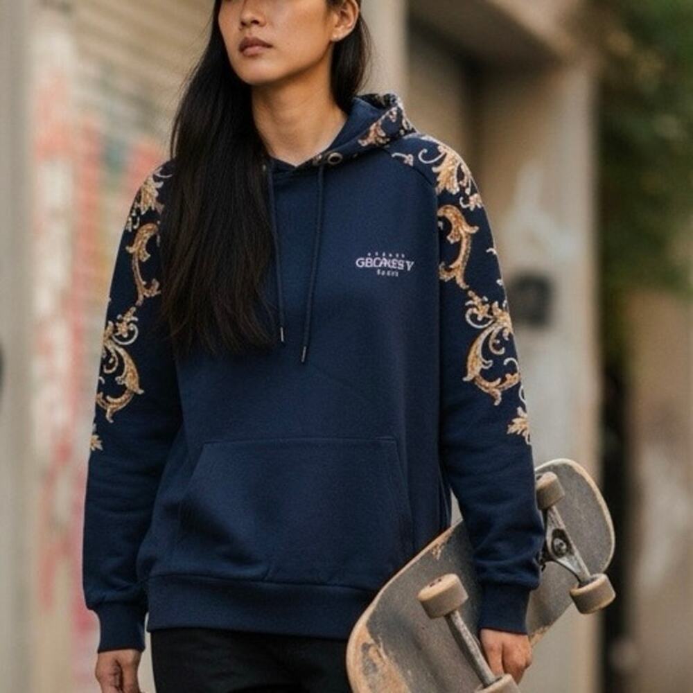 Avenue George V Paris Hoodie Blue/gold-colored baroque beading size XL Women’s